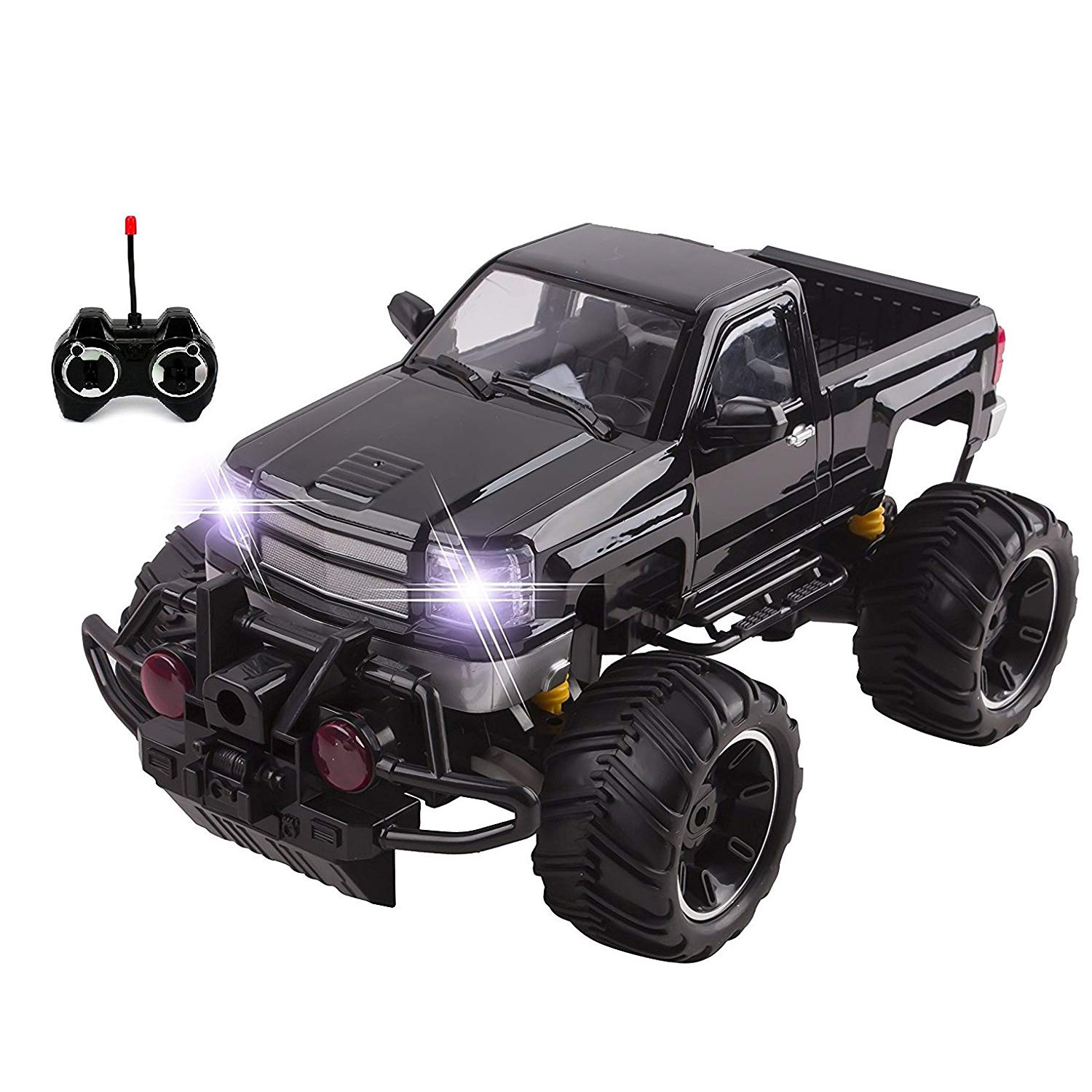 Big Wheel Beast RC Monster Truck Remote Control Doors Opening Car Light Up LED Headlights Ready to Run INCLUDES RECHARGEABLE BATTERY 1:14 Size Off-Road Pick Up Buggy Toy (Black)