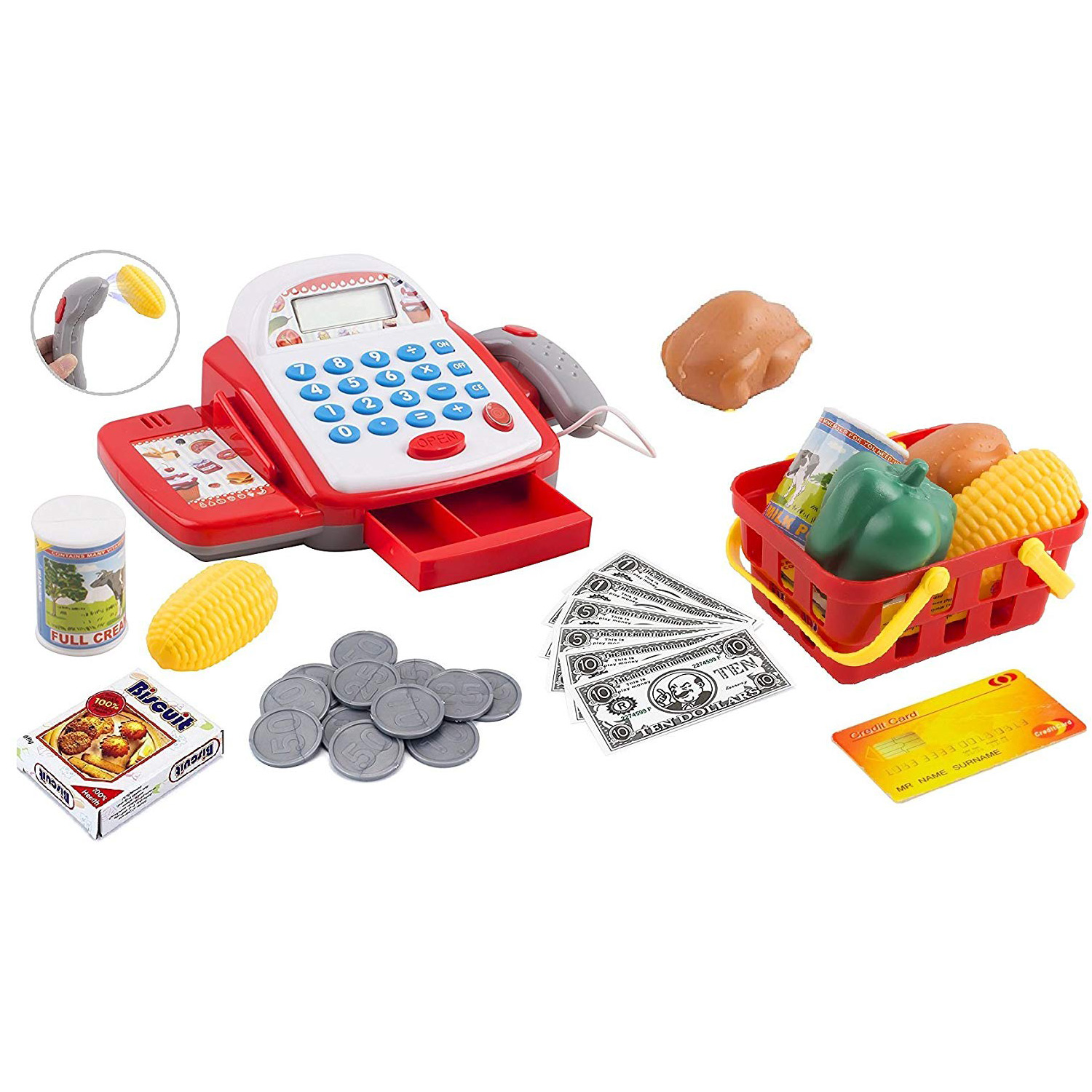 Toy Cash Register Pretend Play Supermarket Cashier Playset Colorful Children’s Checkout With Calculator And Sounds Educational Learning Toys For Kids Toddlers And Preschool (white/Red)