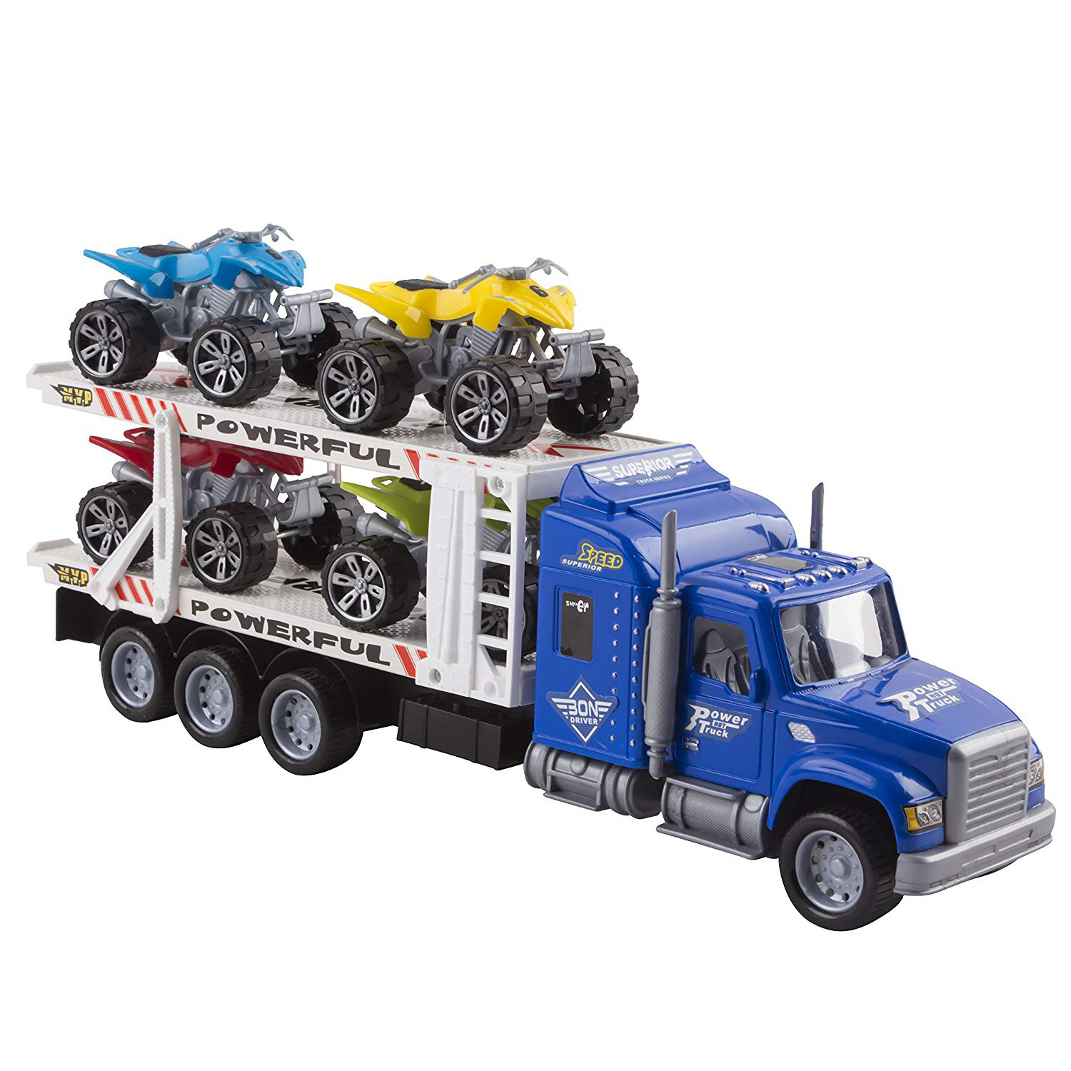 Toy Truck Transporter Trailer 14.5\" Children’s Friction Big Rig With 4 ATV Toys No Batteries Or Assembly Required Perfect Semi Truck For Kids (Blue Truck)