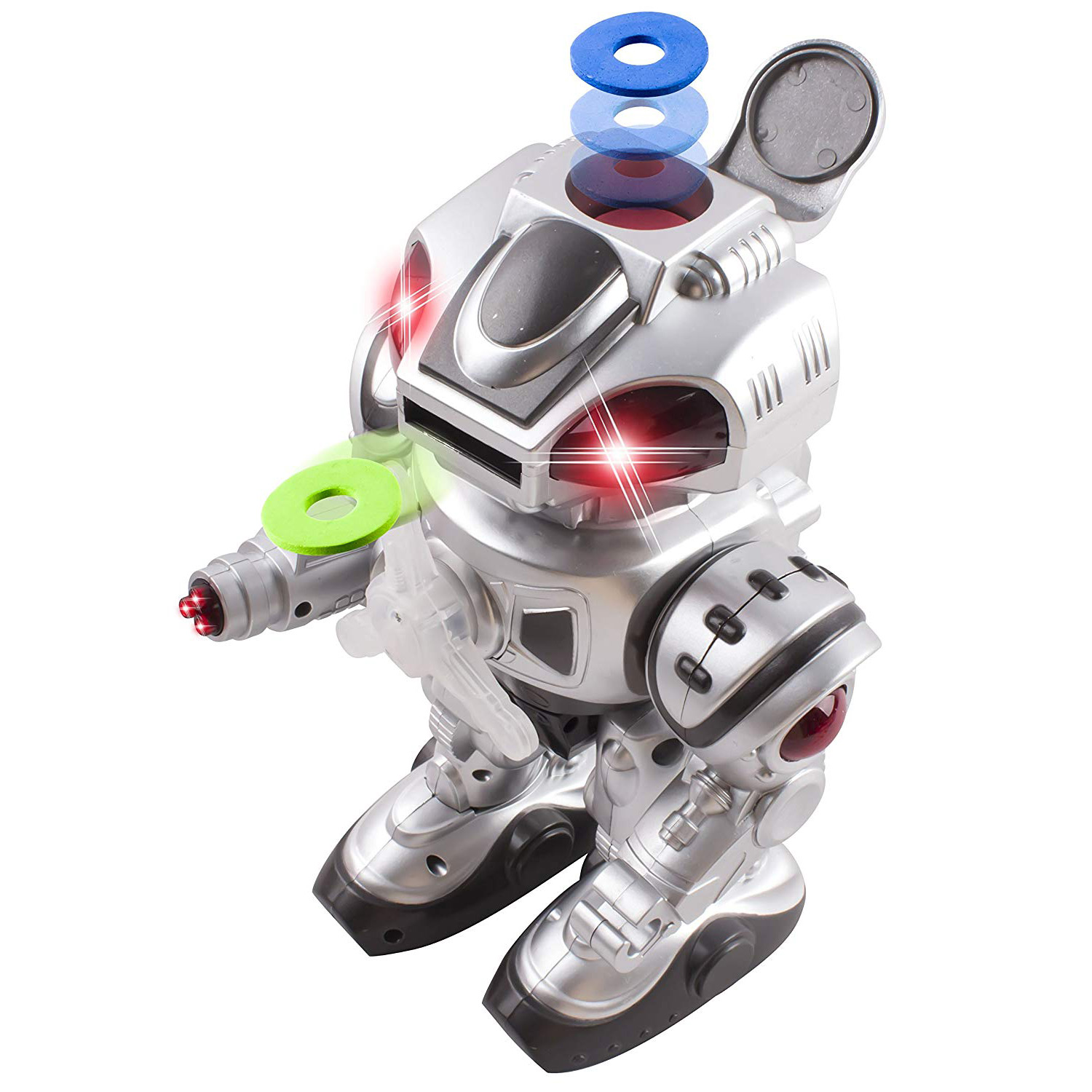 Super Android Toy Robot With Disc Shooting Walking Flashing Lights And Sound Features Great Action Toy For Kids Boys Girls Toddlers Battery Operated Silver