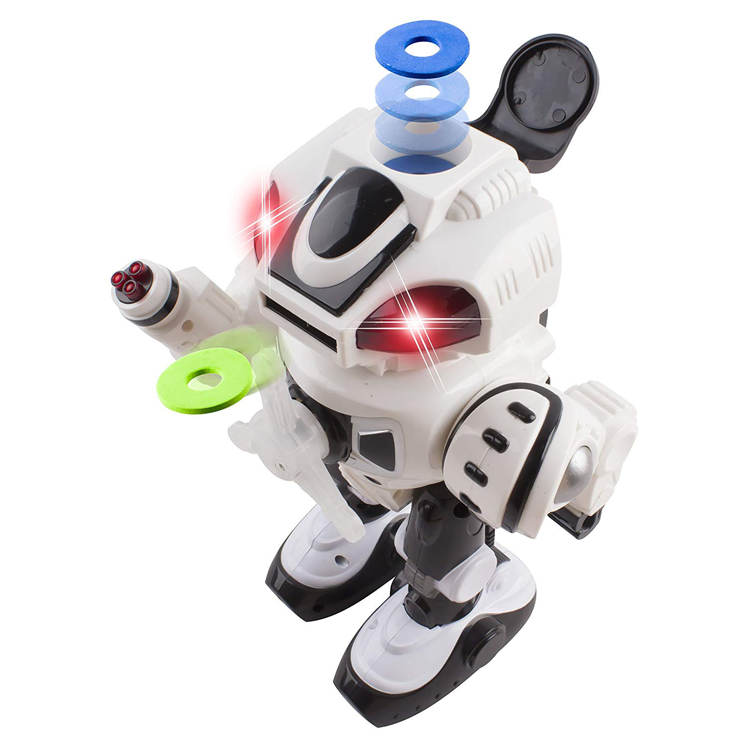 Super Android Toy Robot With Disc Shooting Walking Flashing Lights And Sound Features Great Action Toy For Kids Boys Girls Toddlers Battery Operated White