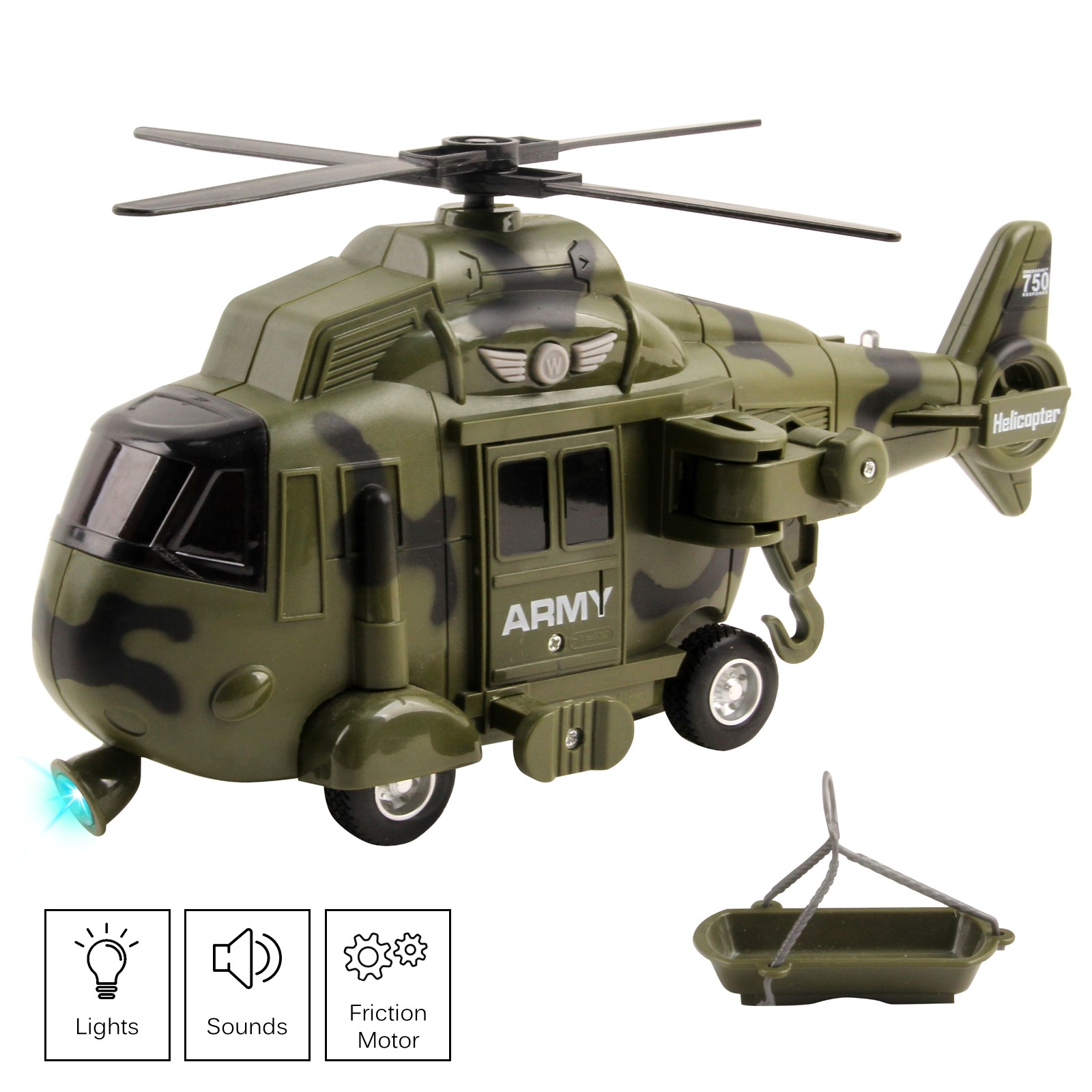 Vokodo Military Helicopter 11 With Lights Sounds Push And Go Includes Rescue Basket Durable Toy Friction Power Kids Army Soldier Chopper Pretend Play Truck Great Gift For Children Boys Girls Toddlers