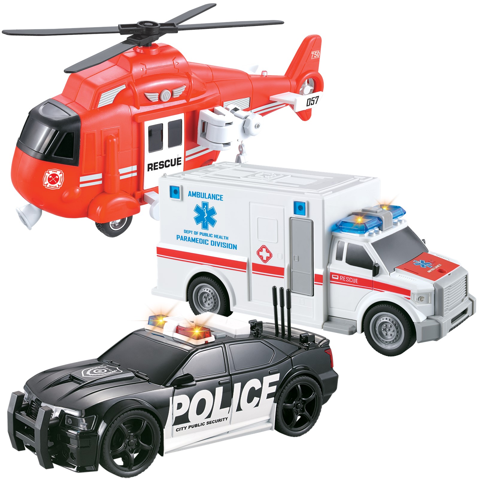 Vokodo 3 Pack Emergency Squad Vehicle Bundle Toy Playsets, Friction Power Vehicles with Light and Sound, Includes Fire Helicopter, Ambulance Truck and Police car, Pretend Play Toys Toddler Kids Boys