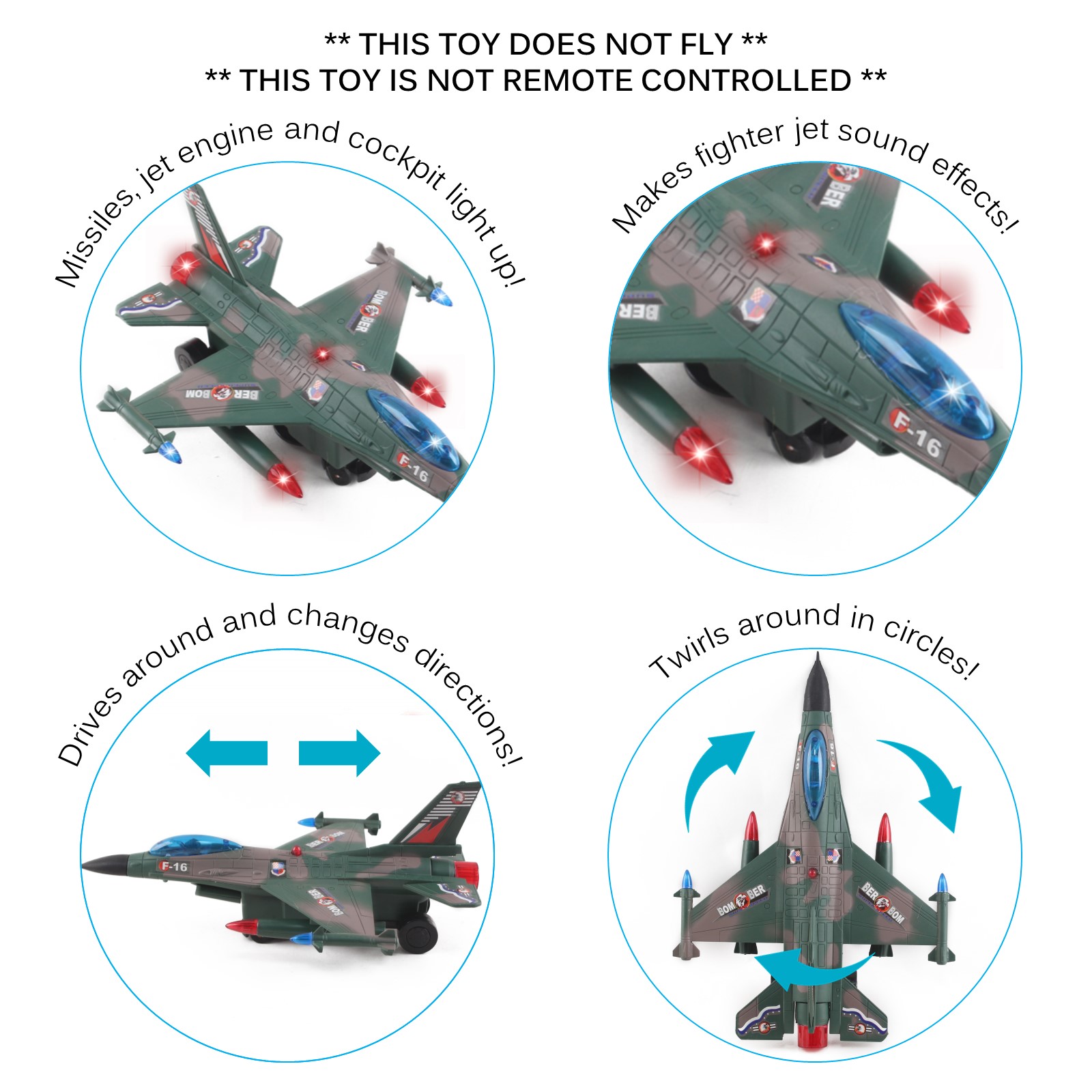 Toy Army Air Force Fighter Jet F16 Battery Operated Kids Bump and Go Toy Plane With Flashing Lights And Sounds Bumps Into Something and Will Change Direction Perfect For Boys And Girls Green