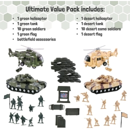 Vokodo 5 Pack Armed Forces Vehicle Bundle Toy Playsets Friction Power Vehicles Includes Army Helicopter Military Tank and Army Figurines Military Car Army Truck Pretend Play Toys Toddler Kids Boys TE-43